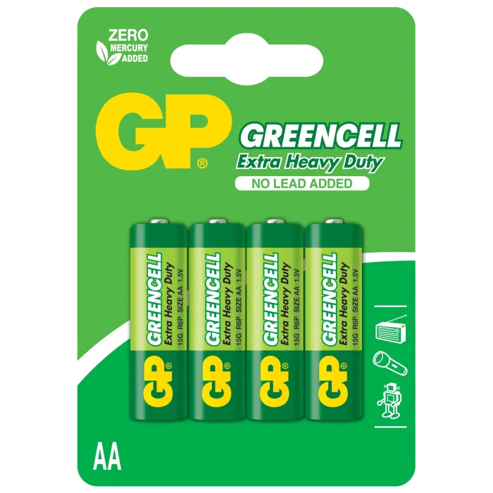 Цинково-карбонови батерии GP BATTERIES GREENCELL 15G-U4 (R6), AA, 1.5 V, 800 mAh, 4 броя в опаковка