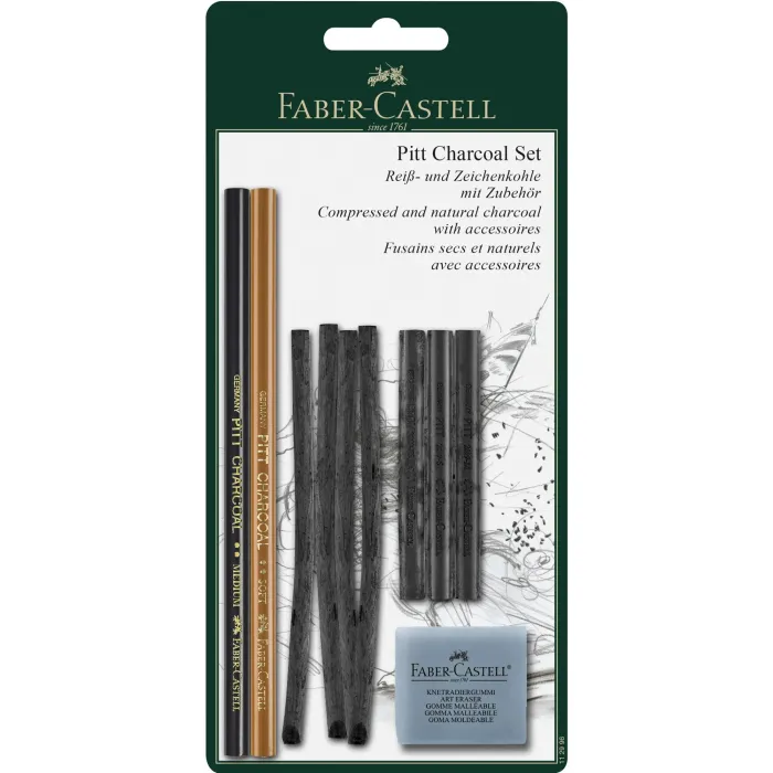 Faber-Castell Pitt комплект въглени за рисуване, с хлебна гума, в блистер