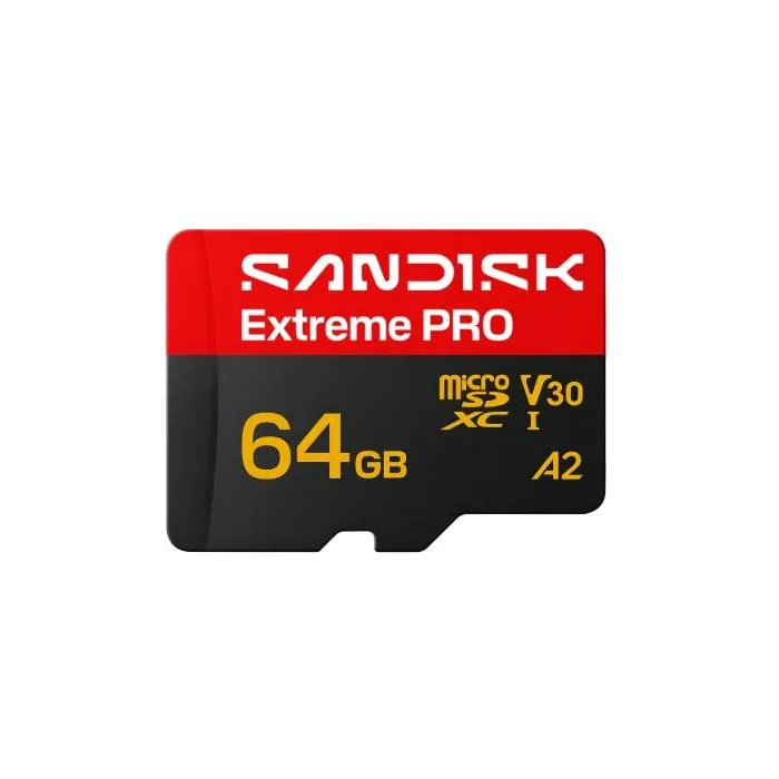 Карта памет microSDXC SANDISK Extreme Pro, 64 GB, клас A2, скорост на четене 200 MB/s, запис 90 MB/s, 2 години Rescue Pro Deluxe
