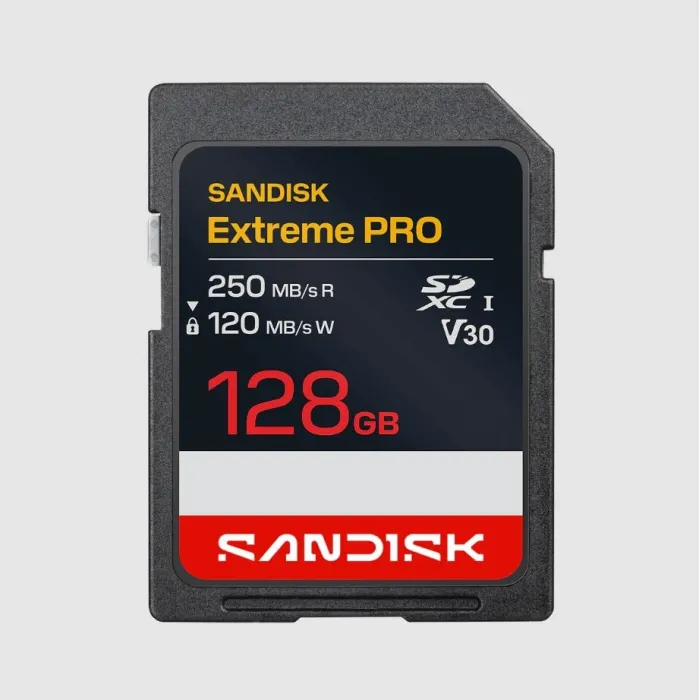Карта памет SD SANDISK Extreme PRO, UHS-I, SDXC, 128GB, V30, скорост на четене до 250 MB/s, запис до 120 MB/s