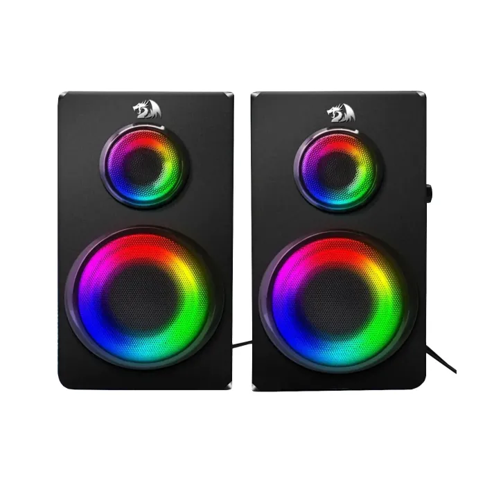 Настолни стерео тонколони REDRAGON GS811 Orchestra, 12 W RMS (2 × 6 W), многоцветна LED подсветка, P2 аудио и микрофонен вход, изход за слушалки