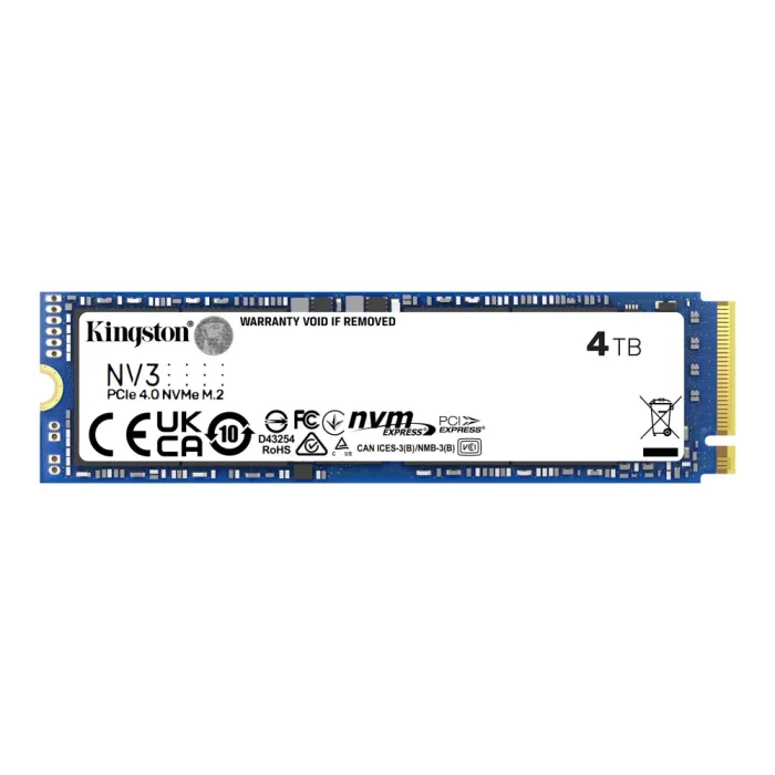 Вътрешен SSD KINGSTON NV3 4TB Gen 4, 4 TB, M.2 2280, PCIe 4.0, скорост на четене до 6000 MB/s, запис до 5000 MB/s