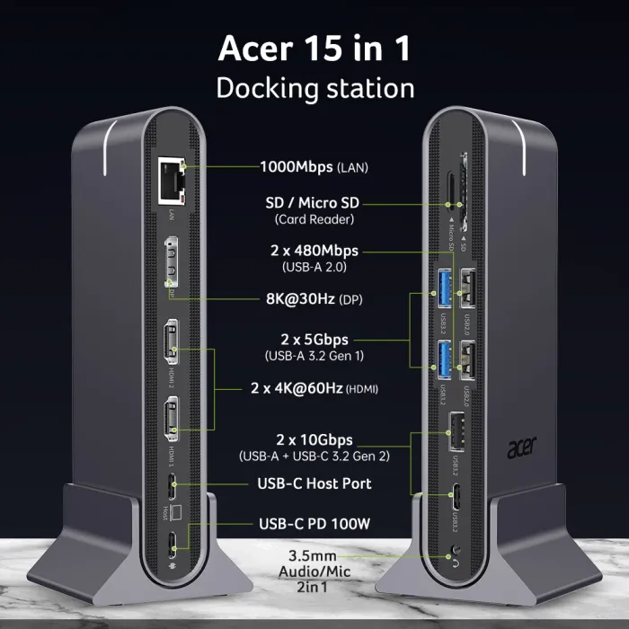 Acer Type C Universal docking station 15in1, 2 x HDMI 4K@60Hz, 1 x DP 8k@30Hz, 5 x USB A, 1 x USB C,