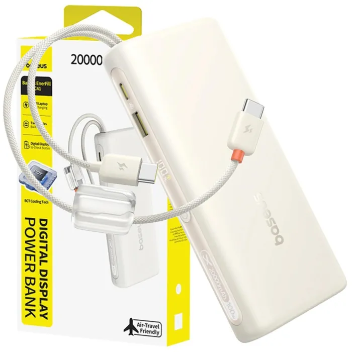 Външна батерия BASEUS EnerFill FC41 E0028N04, 20000mAh, до 100W изходна мощност, до 65W входна мощност, 2 вградени USB-C кабела, цифров дисплей, зареждане на до 4 устройства