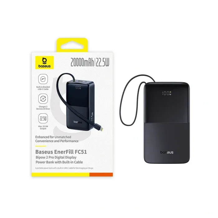 Външна батерия BASEUS EnerFill FC51 Bipow2 Pro, 20 000 mAh, 22.5 W, вграден плетен USB-C кабел, цифров LED дисплей, бързо зареждане PD/QC 3.0/SCP, до 3 устройства