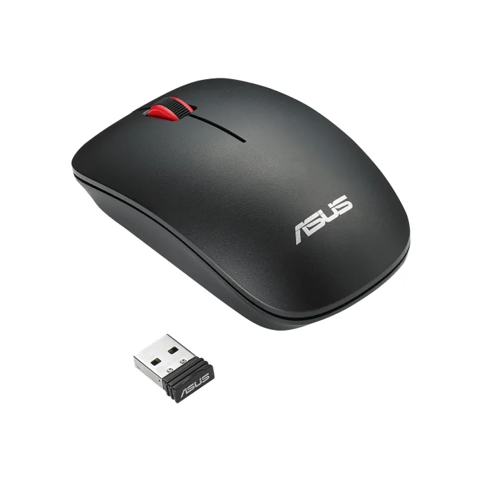 Безжична оптична мишка ASUS WT300, RF 2,4 GHz, USB приемник, 1000/1600 dpi, симетричен дизайн, матово черна с червени акценти, 1 × AA батерия