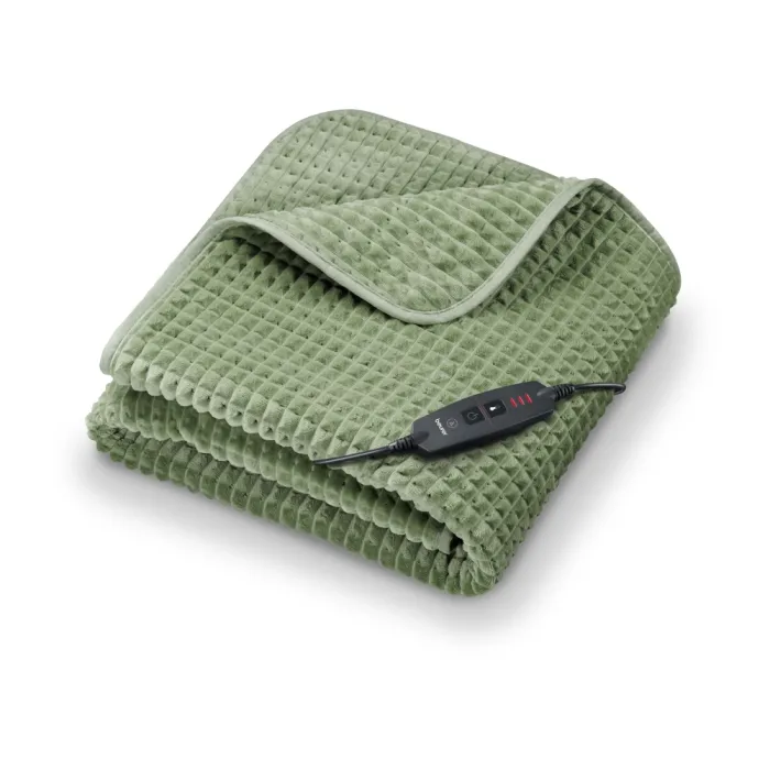 Електрическо одеяло BEURER HD 72, Sage Green, 3 степени на температура, защитно изключване след 3 часа, мека велурена повърхност, машинно пране при 30°C, 180 x 130 cm