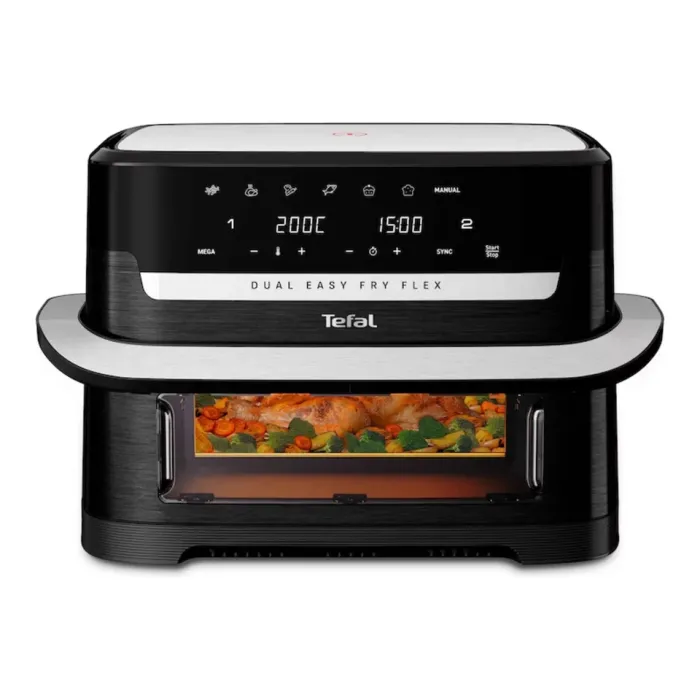 Фритюрник с горещ въздух TEFAL EY9278E0 Flex Easy Fry Infrared, двузонов, 2700 W, вместимост 5,5 + 3,5 l, независими таймери, дисплей, 7 режима, 40–200 °C, черен