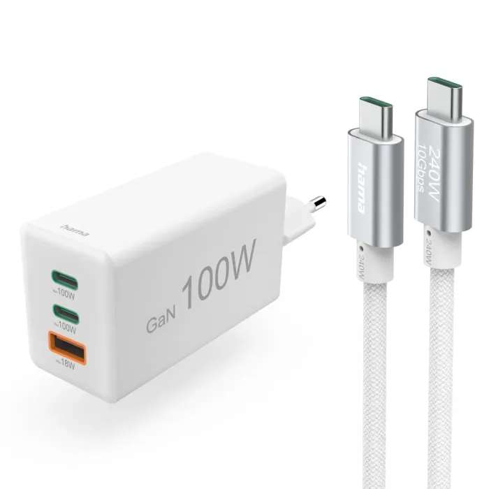 Комплект мрежово зарядно устройство и кабел за зареждане HAMA, GaN 100 W, 2x USB-C PD, 1x USB-A QC, автоматично разпознаване, бял, 100–240 V