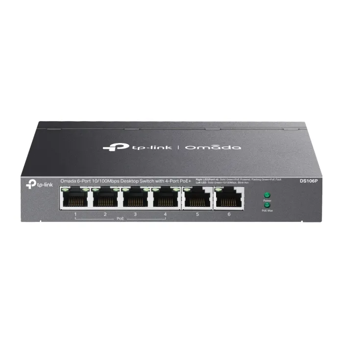 Неуправляем комутатор TP-Link Omada DS106P, 6×10/100 Mbps, 4×PoE+, PoE бюджет 67 W, без вентилатор