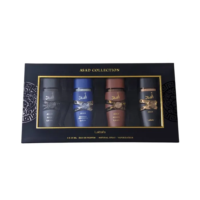 Lattafa Asad Collection, подаръчен комплект от 4 парфюмни води за мъже, Asad, Asad Elixir, Asad Zanzibar и Asad Bourbon, 4 x 25 ml