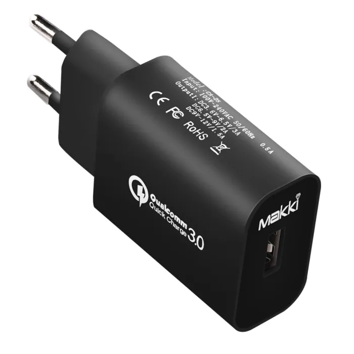 Зарядно за контакт Makki MAKKI-QC18W-BK, Fast Charger 18W, 1x USB QC3.0, 5V/3A, 9V/2A, 12V/1.5A, черно