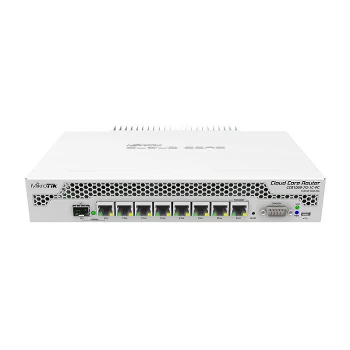 Кабелен рутер MikroTik CCR1009-7G-1C-PC, 9-ядрен процесор 1 GHz, 1 GB RAM, 7 Gigabit Ethernet порта, 1 SFP/Combo порт, пасивно охлаждане, бял