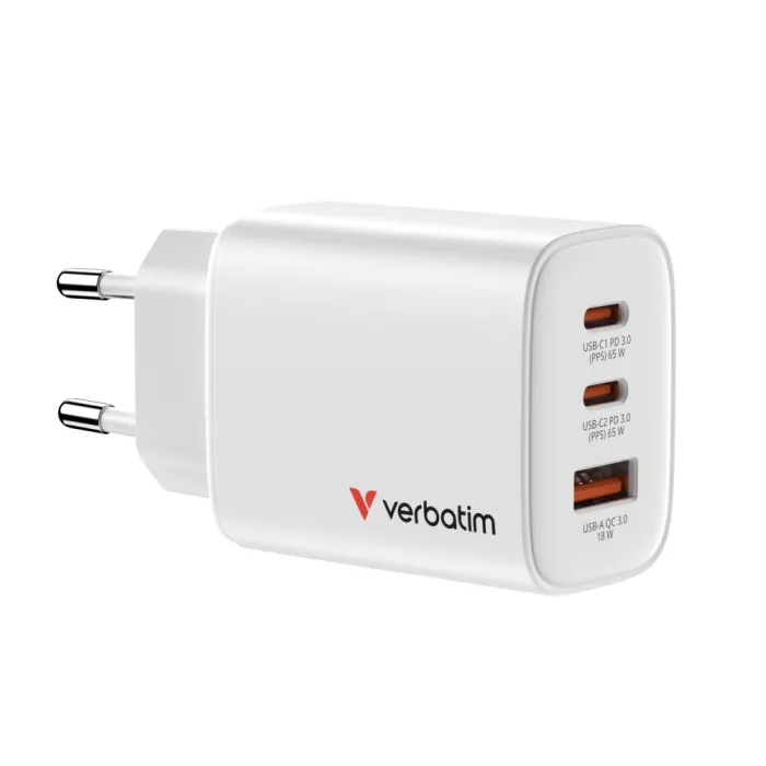 Мрежово зарядно устройство VERBATIM Essentials GaN Charger 65W, EU щепсел, 2x USB-C PD 3.0, USB-A QC 3.0, бързо зареждане, бяло