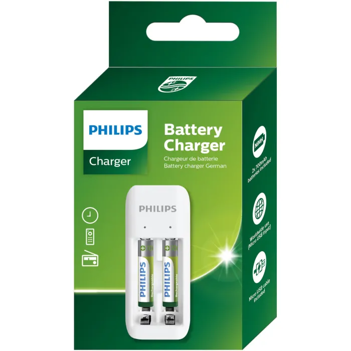 PHILIPS 2-slots basic charger with 2 x 700mAh AAA RTU batteries Recharges 1 or 2 pcs of AA/AAA NiMH rechargeable battery