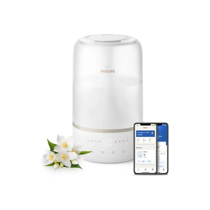 Овлажнител за въздуха PHILIPS Series 1000 HU1510/04, ултразвуково овлажняване, до 41 m², 275 ml/ч, резервоар 3 l, до 32 часа, автоматичен и спящ режим, бял/шампанско