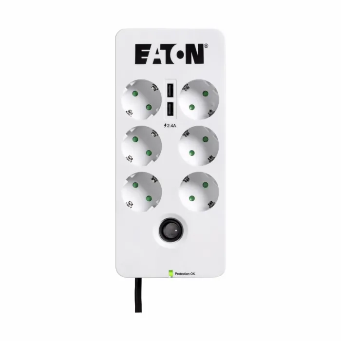 Разклонител EATON Protection Box 6 USB DIN PB6UD, 6 гнезда, 2 USB порта за зареждане, защита от пренапрежение, автоматичен прекъсвач, 2.5 kW, кабел 1.5 m