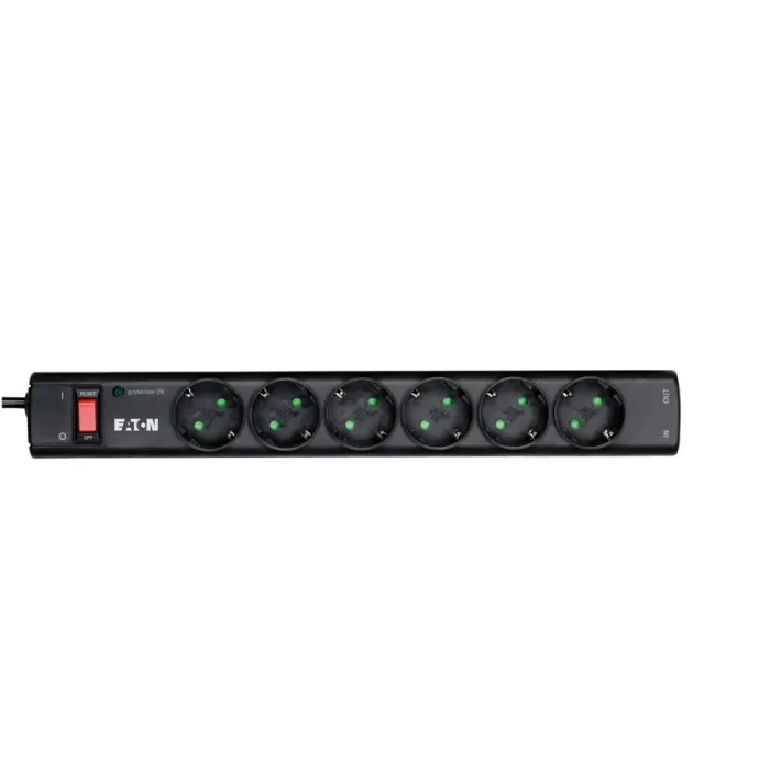 Разклонител EATON PS6D, 6 гнезда DIN (Schuko), защита от пренапрежение и 3-линейна защита, кабел 1 m, 2500 W, 10 A