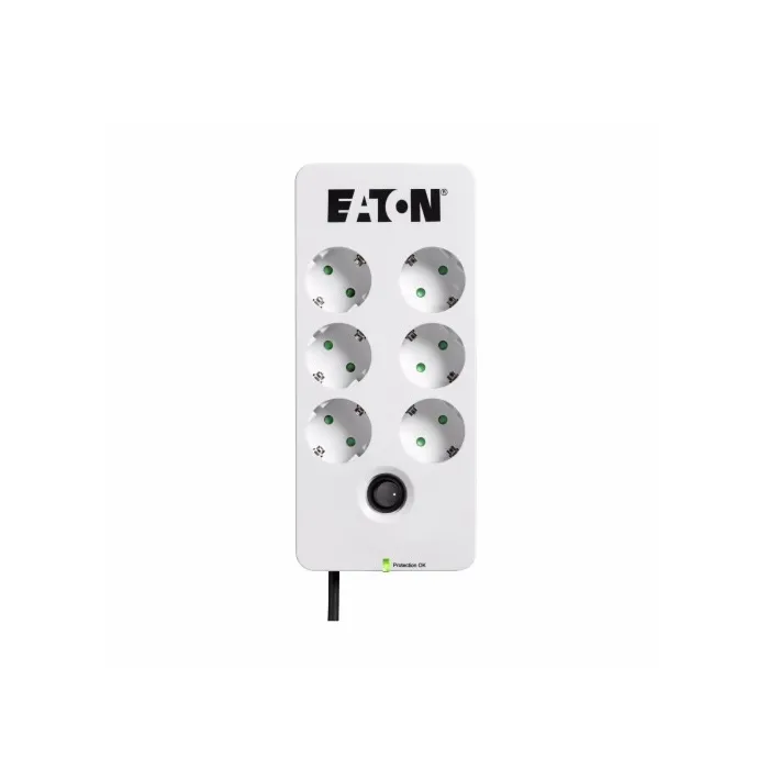 Разклонител със защита от пренапрежение EATON Protection Box 6 DIN (PB6D), 6 гнезда, 220–250 V, 10 A, 2.5 kW, изисква заземяване