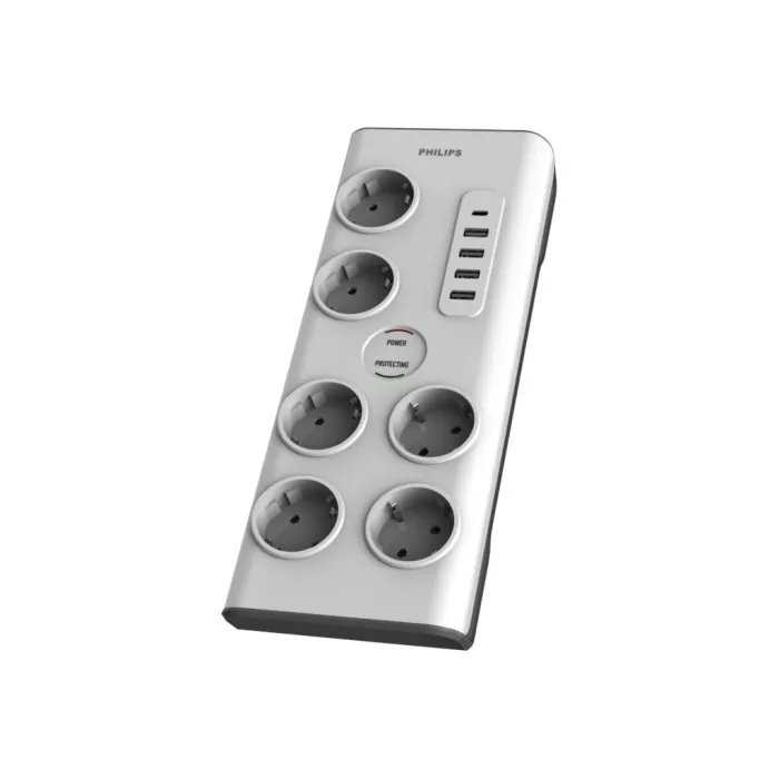 Разклонител със защита от пренапрежение PHILIPS SPN7060WA/58, 6 гнезда, 5 USB порта, кабел 2 м