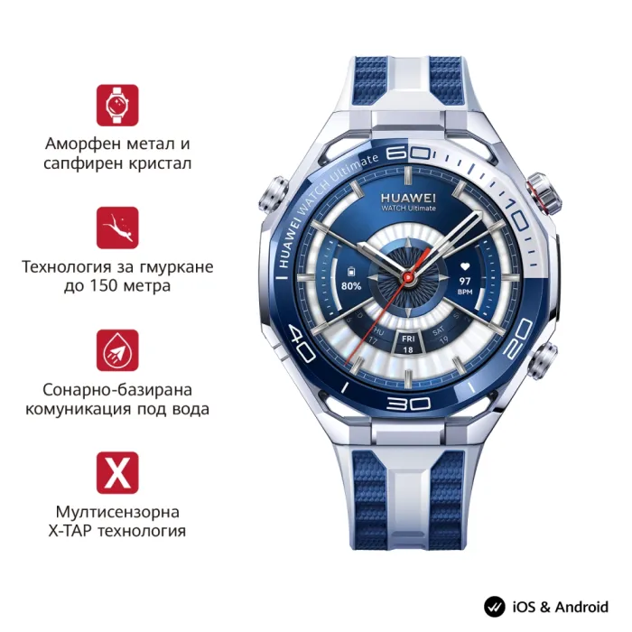Смарт часовник HUAWEI Watch Ultimate 2 March-B29 Blue, 1.5″ LTPO2 AMOLED, eSIM, GPS, водоустойчивост 150 м/20 ATM, HarmonyOS 5.1