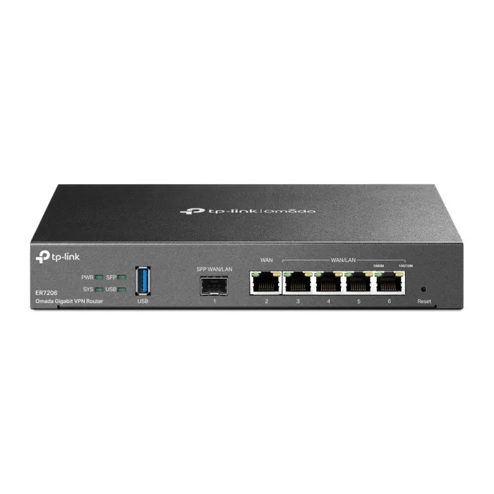 Кабелен VPN рутер TP-LINK ER7206 Omada, Gigabit, 1× SFP WAN/LAN, 1× WAN RJ45, 4× WAN/LAN RJ45, USB 3.0, Omada SDN, безвентилаторен, черен