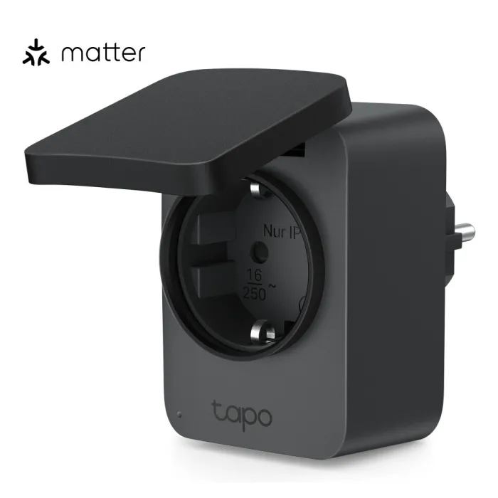 Смарт контакт за открито TP-Link Tapo P410M, Matter, Wi-Fi 2.4 GHz, 3680 W/16 A, IP54, мониторинг на енергията, черен
