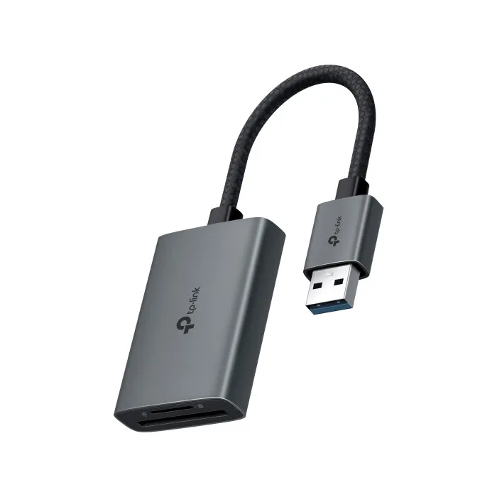 Четец на карти памет TP-LINK UA430, USB 3.0 Type-A, SD и microSD слотове, UHS-I до 200 MB/s, едновременно четене и запис, алуминиев корпус, сив
