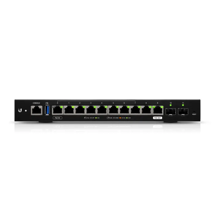 Кабелен гигабитов рутер UBIQUITI EdgeRouter ER-12, 10 x RJ45 10/100/1000 Mbps, 2 x SFP 1 Gbps, PoE вход и изход, 1 GB DDR3 RAM, черен