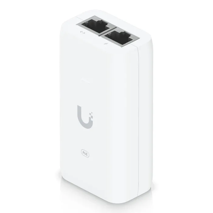 PoE захранващ адаптер UBIQUITI U-POE, Gigabit Ethernet, 48 V DC, до 15 W, вход 100–240 V AC, RJ45, захранване по 2 чифта