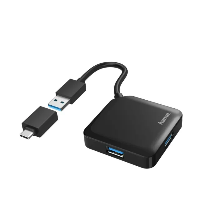 USB хъб HAMA 200116, USB-А 4-портов, USB 3.2 Gen 1, 5 Gbit/s, USB-C адаптер, Черен
