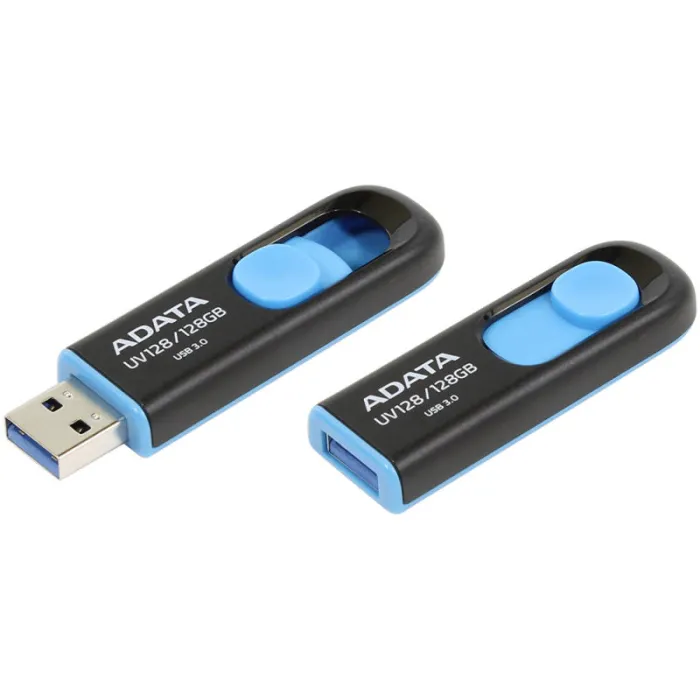 USB флаш памет ADATA UV128 128GB – USB 3.2 Gen 1, до 100 MB/s, черно-синя