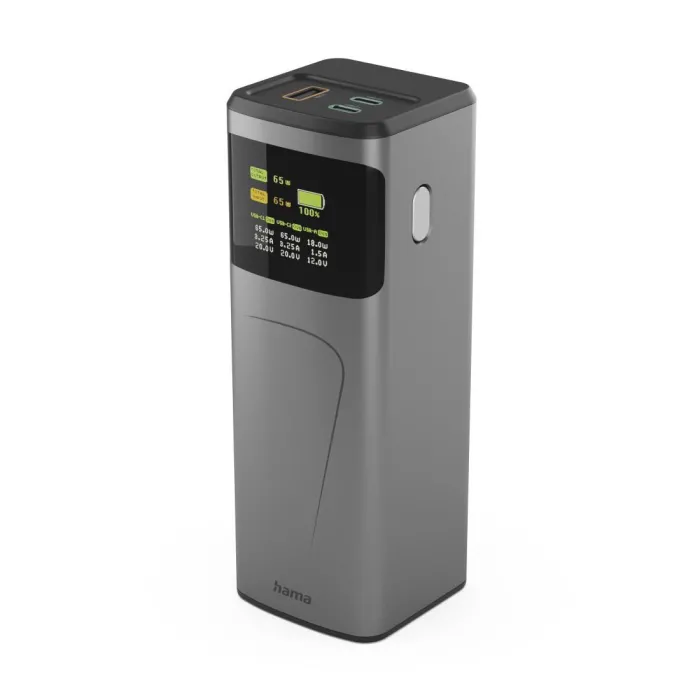 Външна батерия HAMA High Power, 20000 mAh, 65 W, 2x USB-C, USB-A, Fast Charging, Li-Ion, сив