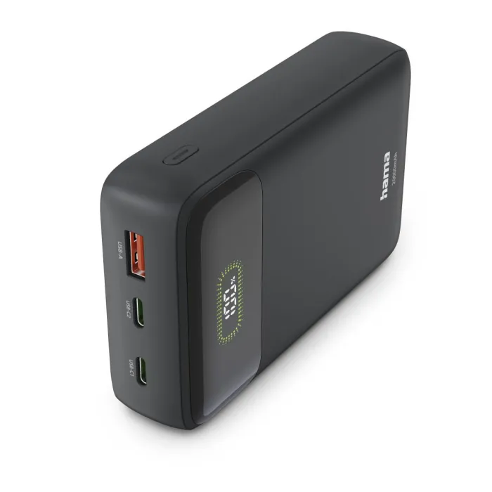 Външна батерия HAMA PD20-W20, 20000 mAh, 3 изхода: 2 x USB-C и USB-A, бързо зареждане, Li-Polymer, цифров дисплей, черна