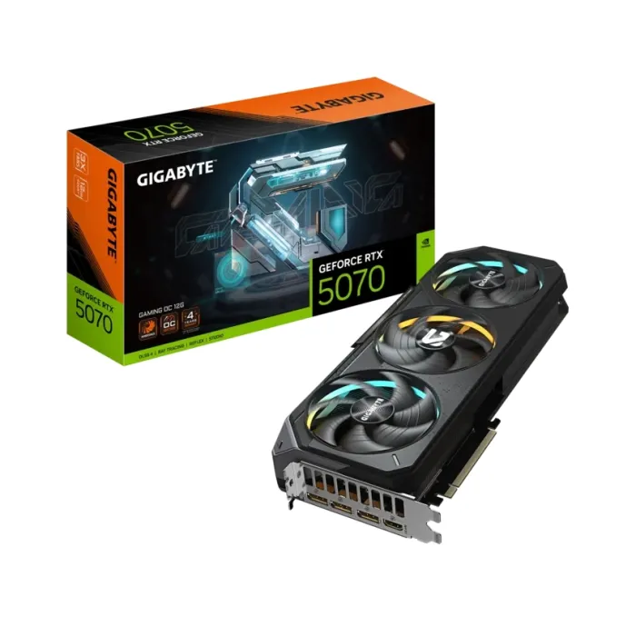 Видеокарта GIGABYTE GeForce RTX 5070 Gaming OC, 12GB GDDR7, 192-bit, 6144 ядра, 2625 MHz, 3 вентилатора, DisplayPort 2.1b и HDMI 2.1b
