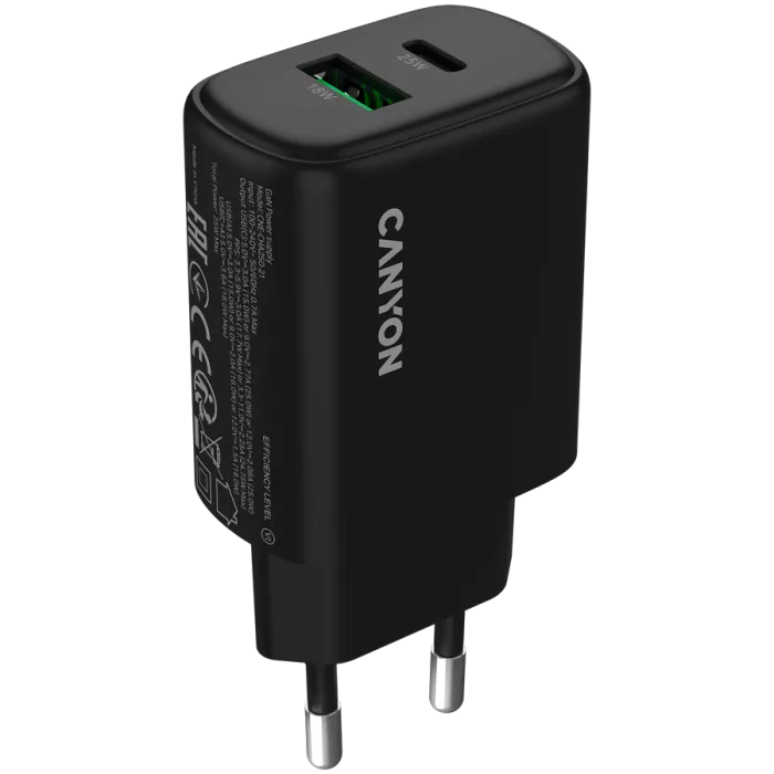 Зарядно CANYON OnCharge 250 QC 25W, USB-C PD/PPS + USB-A QC 3.0, EU, Черно